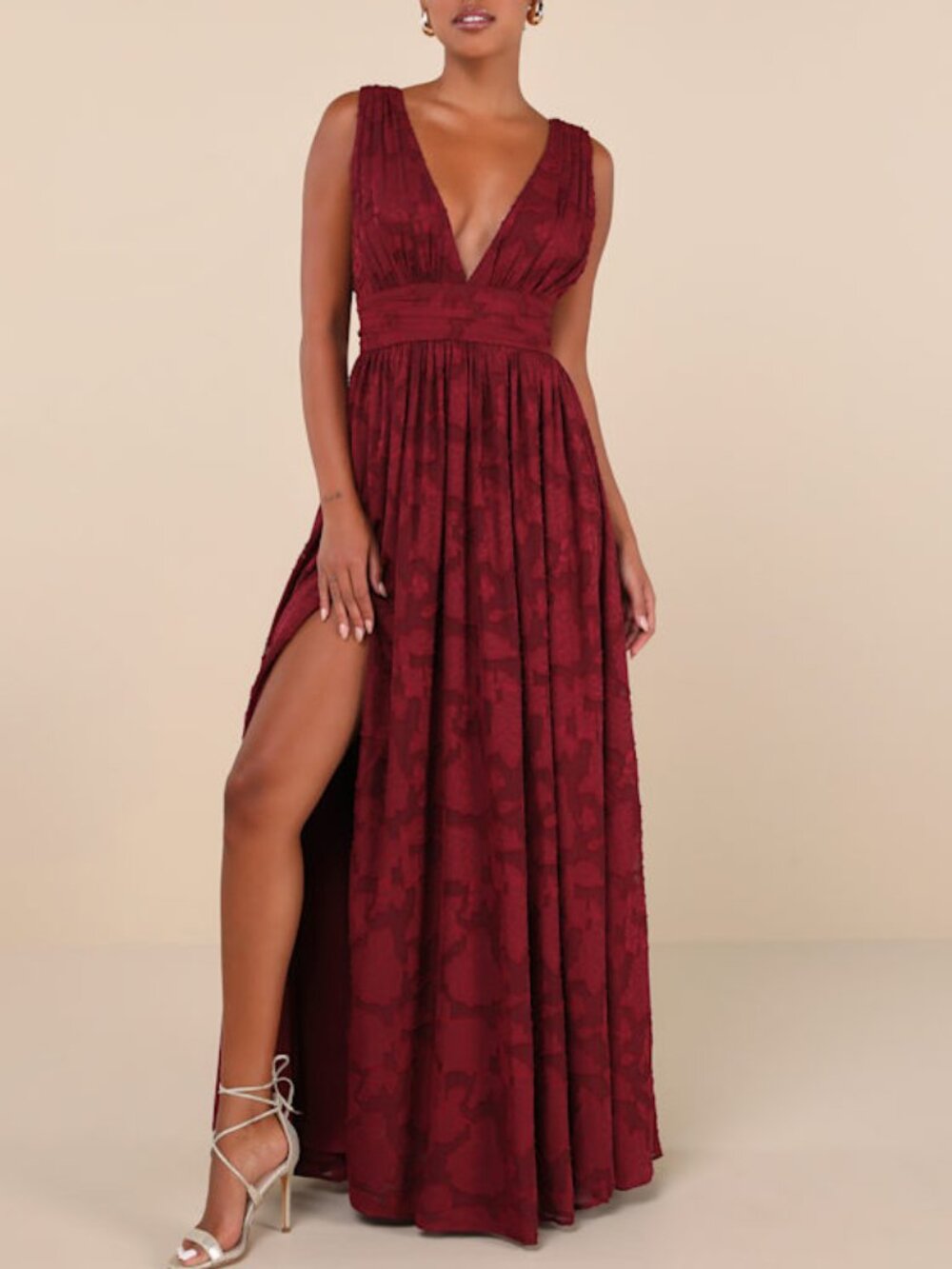 Lulus Sweet Sophistication Burgundy Burnout Floral Maxi Dress Red - Size M